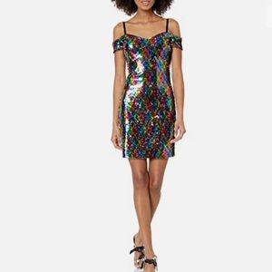 GUESS WOMEN’S RAINBOW SEQUIN OFF THE SHOULDER DRESS / SIZE 4.